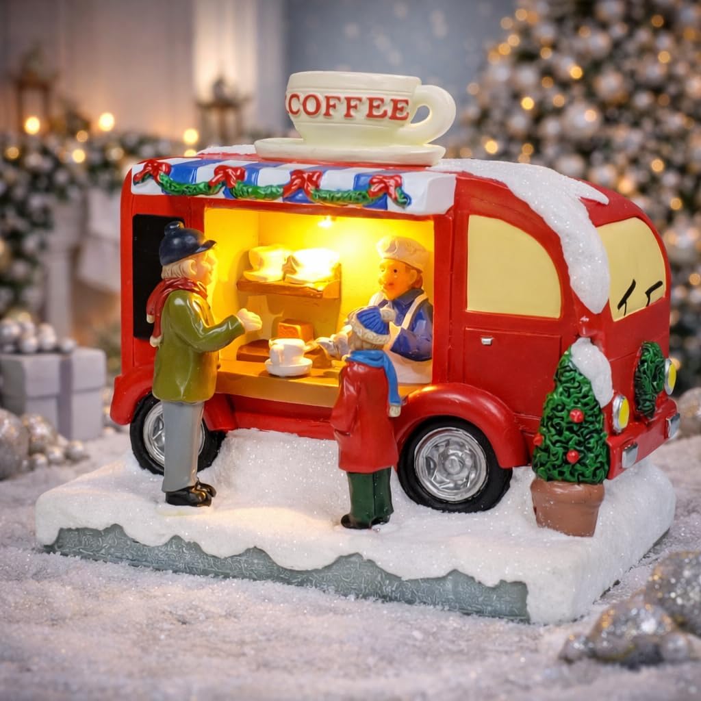 Moments In Time Christmas Coffee Truck Village Scene - Lighted LED Holiday Decor, Hand-Painted Polyresin