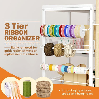 Skiennix Wrapping Paper Organizer - Rolling Gift Wrap Cart with 20 Roll Holders & 3 Drawers, White