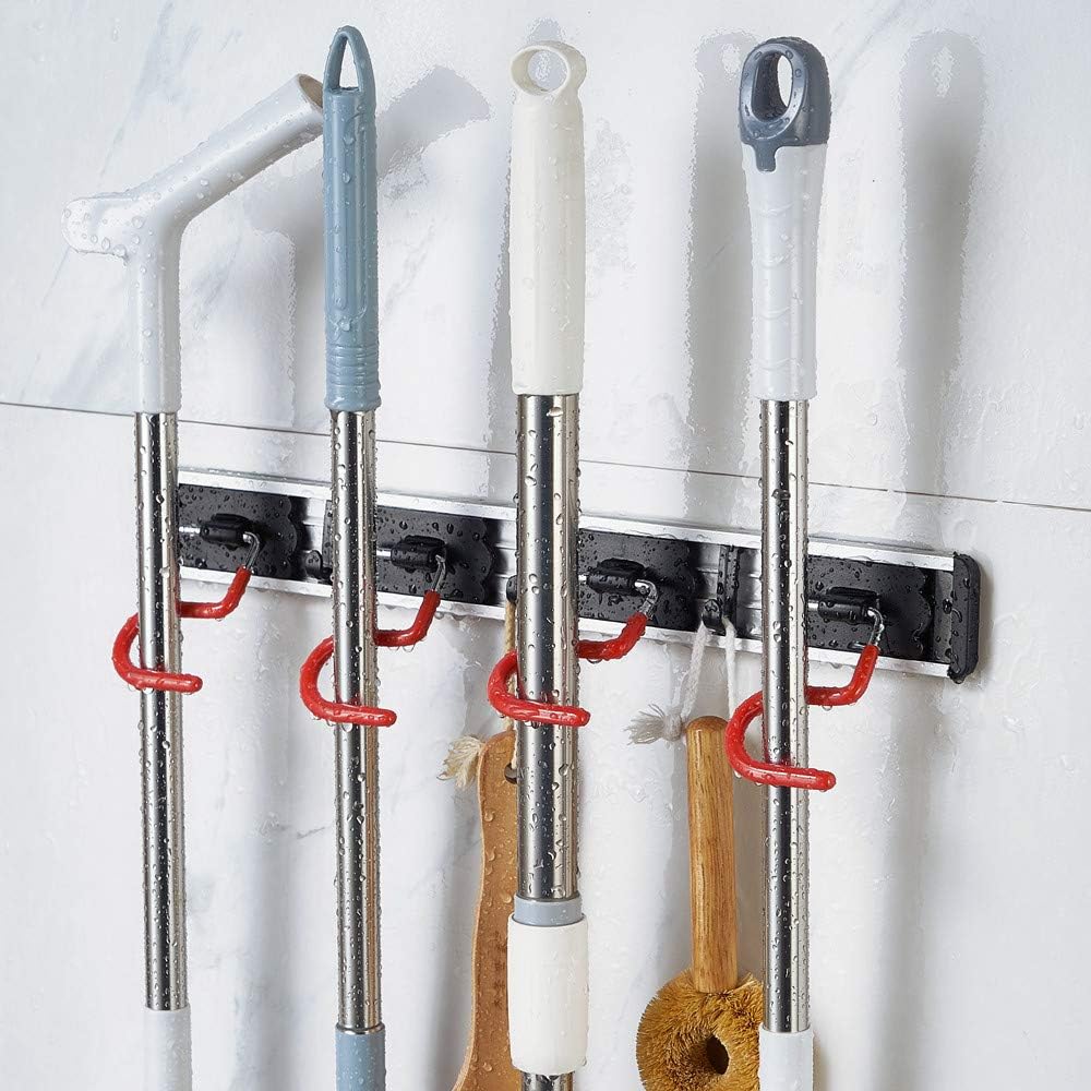 Skiennix Wall Mounted Mop and Broom Holder - Stainless Steel S-Type Organizer | 17 Inches, 4 Positions, 3 Hooks, Red & Black