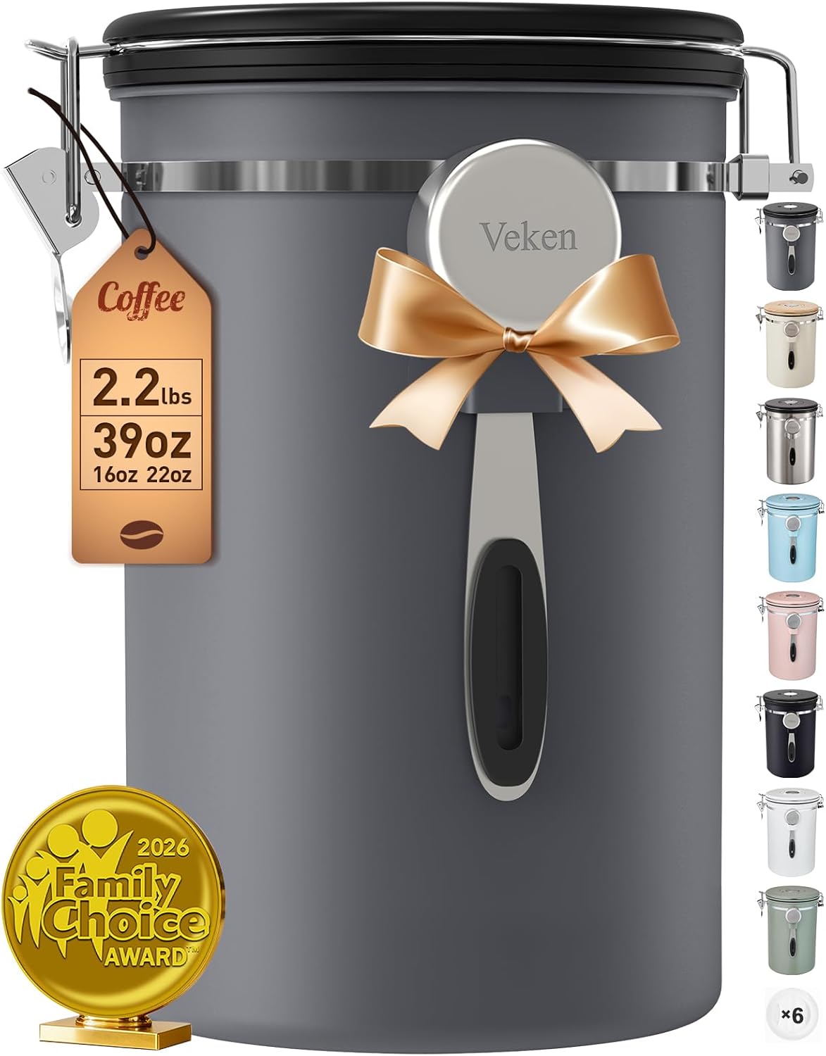 Veken Coffee Canister - 39oz Airtight Stainless Steel Storage for 2.2lbs Coffee, Sugar, Tea & More | Gray