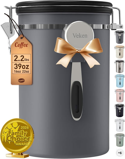 Veken Coffee Canister - 39oz Airtight Stainless Steel Storage for 2.2lbs Coffee, Sugar, Tea & More | Gray