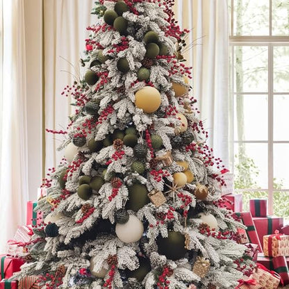 Velvet Christmas Ornaments Set - Large Flocked Shatterproof Baubles in Gold, Green, White, 3 Inch / 8 cm