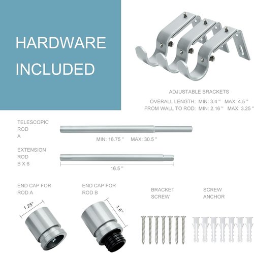 Byondeth Adjustable Curtain Rods - 16 to 120 Inches, 1 Inch Diameter, Silver Gray with Aluminum End Caps