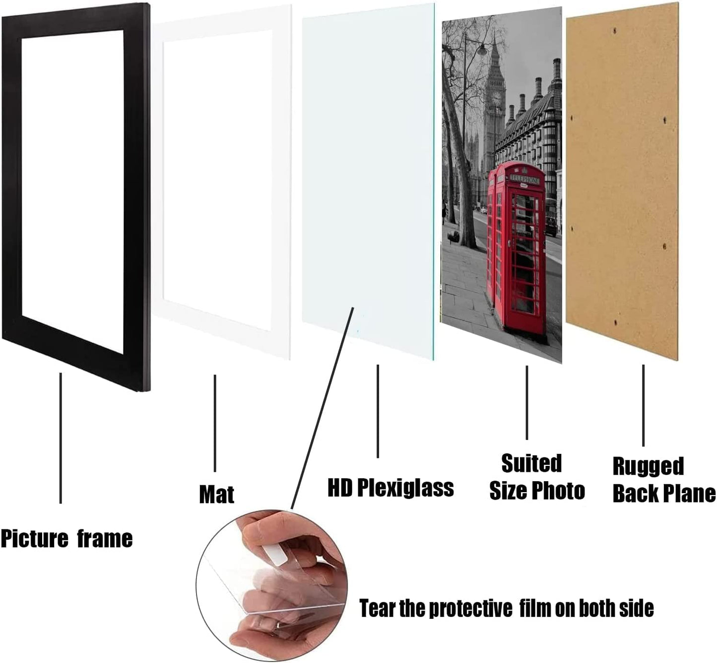 PWTAKO 8x10 Picture Frame Set of 6, Display Pictures 5x7 with Mat or 8x10 Without Mat for Wall Mounting or Table Top Display,Black
