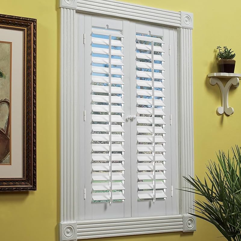 Interior Faux Wood Shutter 2 Panels - White, 35x24 Inches, No Cord Design