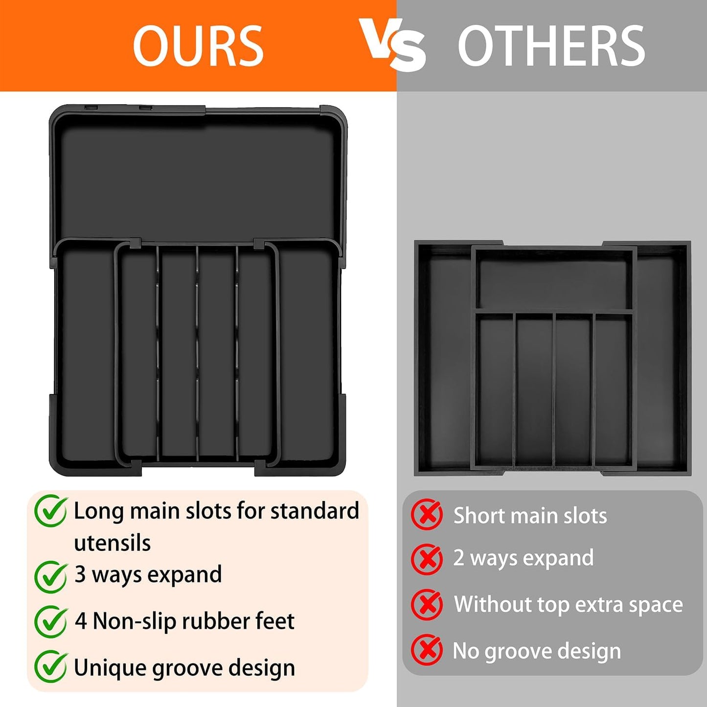 Spaclear Silverware Organizer - Expandable Utensil Drawer Storage | Adjustable Black Flatware Holder