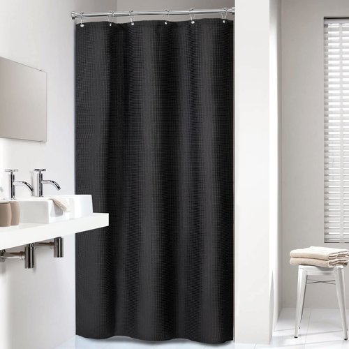 Dynamene Stall Black Fabric Shower Curtain - Waffle Textured Small Heavy Duty Cloth Shower Curtains for Bathroom, 256GSM Narrow Hotel Spa Luxury Bath Curtain Set with 6 Plastic Hooks(36Wx72H, Black)