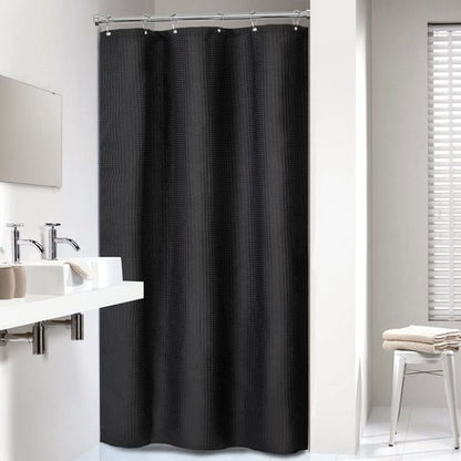 Dynamene Stall Black Fabric Shower Curtain - Waffle Textured Small Heavy Duty Cloth Shower Curtains for Bathroom, 256GSM Narrow Hotel Spa Luxury Bath Curtain Set with 6 Plastic Hooks(36Wx72H, Black)