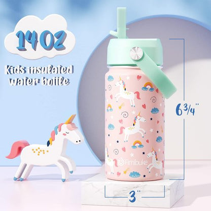 Fimibuke Kids Insulated Water Bottle - 14oz BPA-Free Double Wall Tumbler | Leak-Proof Metal Cups (2 Pack, Unicorn/White Dinosaur)
