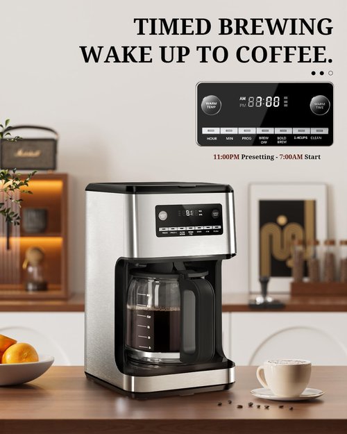 Kismile 14-Cup Programmable Coffee Maker - Stainless Steel, Self-Cleaning, Timer & Reusable Filter