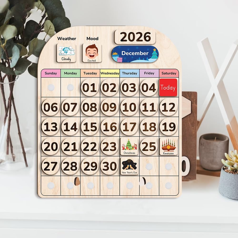 TinyKidz Wooden Calendar - Educational Learning Tool for Kids | Preschool & Toddler Size
