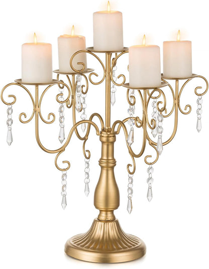 Sziqiqi Gold Candelabra Centerpiece - 5 Arm Pillar Candle Holder with Crystal Beads for Weddings & Holidays
