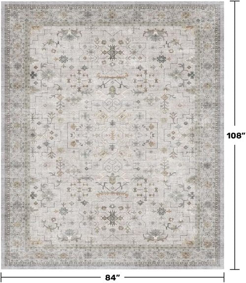 Hazo Haus Boho Light Grey Area Rug - Modern Floral Design, Washable Low Pile 7x9 for Living Room & Dining Room