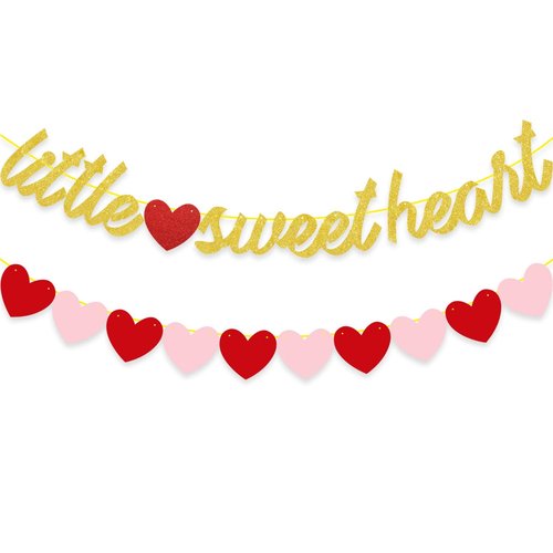Little Sweetheart Banner Red Pink Heart Garlands Gold Glitter Valentine's Day 1st Birthday Party Baby Shower Decoration