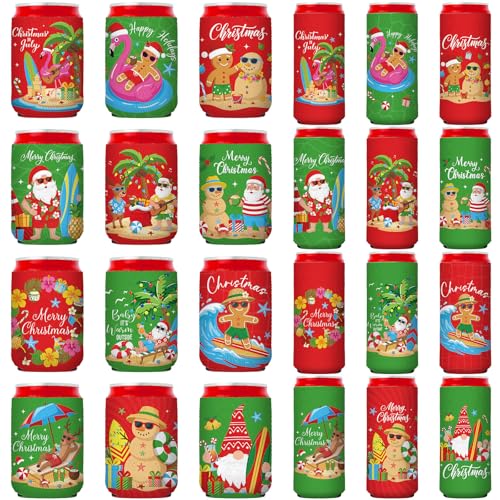 Christmas in July Can Coolers 24 Pack - Tropical Hawaiian Beer Sleeve Set with 2 Sizes