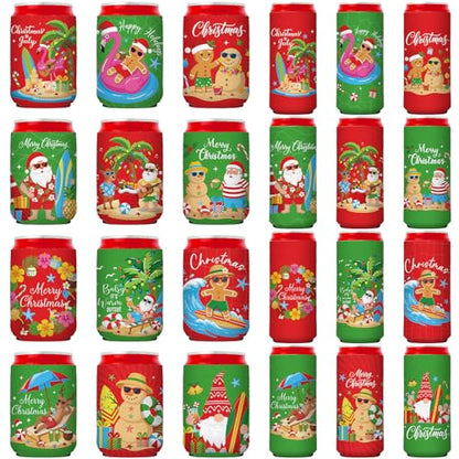 Christmas in July Can Coolers 24 Pack - Tropical Hawaiian Beer Sleeve Set with 2 Sizes