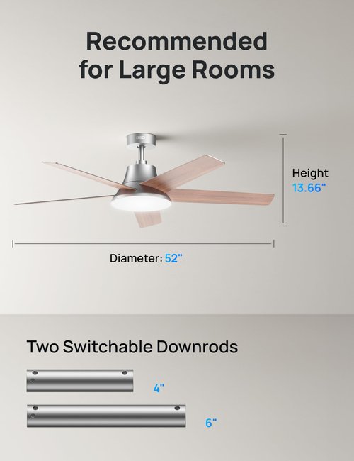 Dreo Ceiling Fans with Lights and Remote, 52 Inch, 6 Speeds, 5 Color Tones Dimmable LED, Quiet Reversible DC Motor, 8H Timer, Silver Ceiling Fan for Bedroom, Living Room, Easy to Install