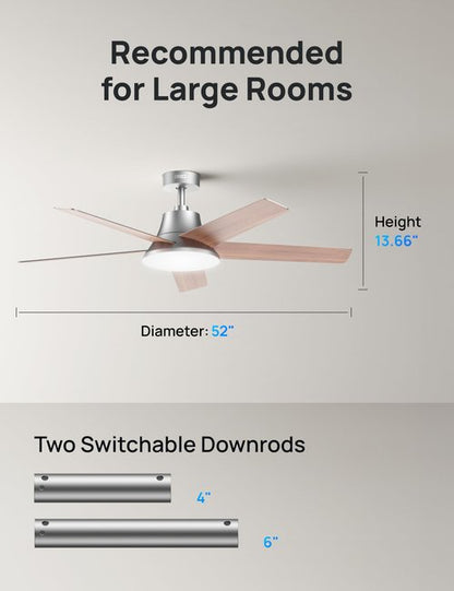 Dreo Ceiling Fans with Lights and Remote, 52 Inch, 6 Speeds, 5 Color Tones Dimmable LED, Quiet Reversible DC Motor, 8H Timer, Silver Ceiling Fan for Bedroom, Living Room, Easy to Install