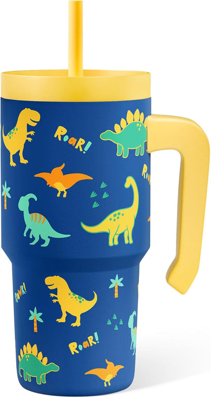 SANDJEST 20oz Dinosaur Tumbler - Insulated Stainless Steel Cup with Handle & Silicone Straw | Perfect Gift for Kids