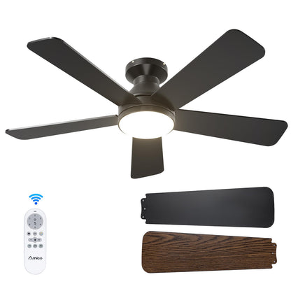 Amico Ceiling Fans with Lights, 42 Inch Low Profile Ceiling Fan with Light and Remote Control, Flush Mount, Reversible, 3CCT, Dimmable, Quiet, Black Small Ceiling Fan for Bedroom Outdoor/Indoor Use