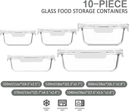 MCIRCO 10-Pack Glass Food Storage Containers - Airtight Meal Prep Bento Boxes | Microwave & Dishwasher Safe