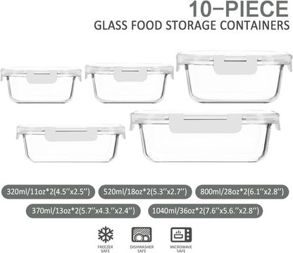 MCIRCO 10-Pack Glass Food Storage Containers - Airtight Meal Prep Bento Boxes | Microwave & Dishwasher Safe