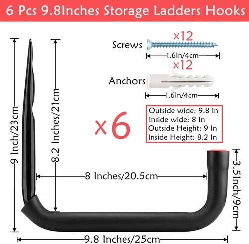 Heavy Duty Garage Storage Hooks by [Brand Name] - 6 Pack Wall Mount Rack Holds 50 Pounds | 9.8 Inch