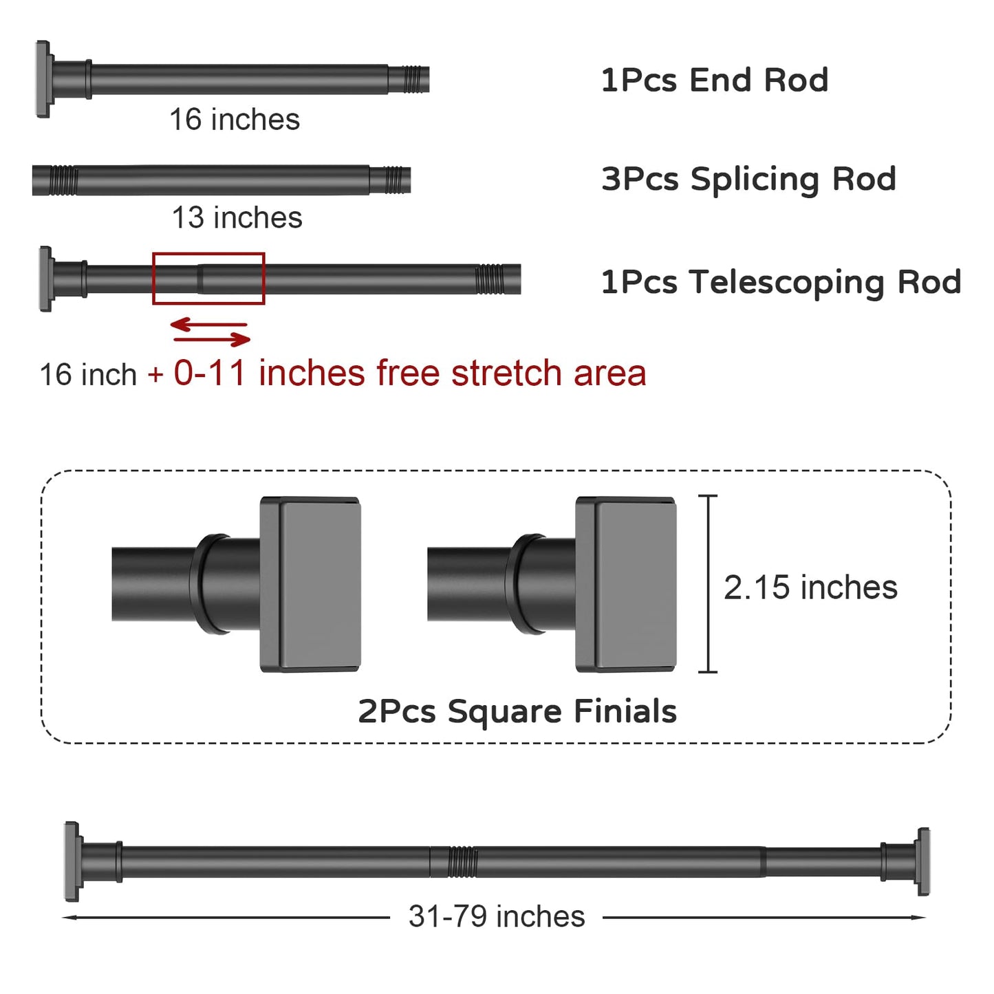 UIOSANRT Shower Curtain Rod Adjustable 31-79", Anti-Rust Shower Rod & Spring Tension Shower Rod No Drill, Black Shower Curtain Rod for Bathroom Tension Rod