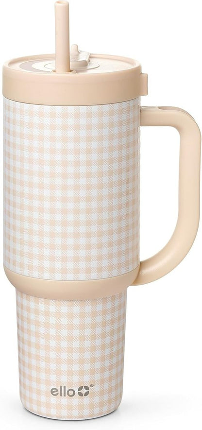 Ello Oasis 30oz Stainless Steel Water Bottle - Stylish Beige Gingham Design