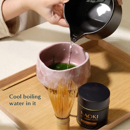 Naoki Matcha Ceramic Chawan Tea Bowl Set - Handmade Black Matte Glaze with Pour Spout - 18 Ounce Capacity