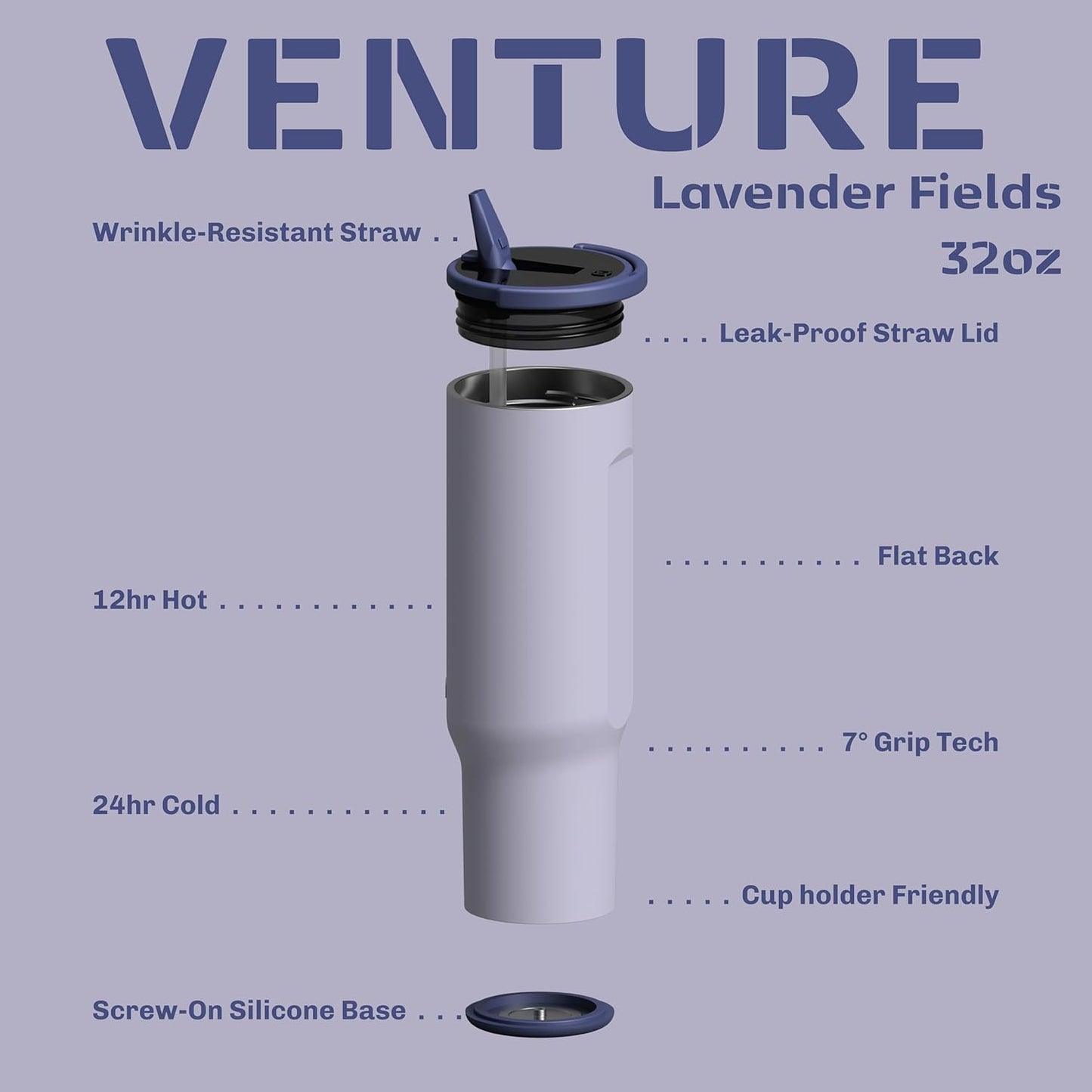 Zylo 32oz Stainless Steel Water Bottle - Insulated Tumbler with Leak-Proof Lid & Straw | BPA-Free, 12hr Hot/24hr Cold - Lavender Fields
