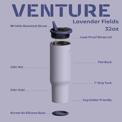 Zylo 32oz Stainless Steel Water Bottle - Insulated Tumbler with Leak-Proof Lid & Straw | BPA-Free, 12hr Hot/24hr Cold - Lavender Fields