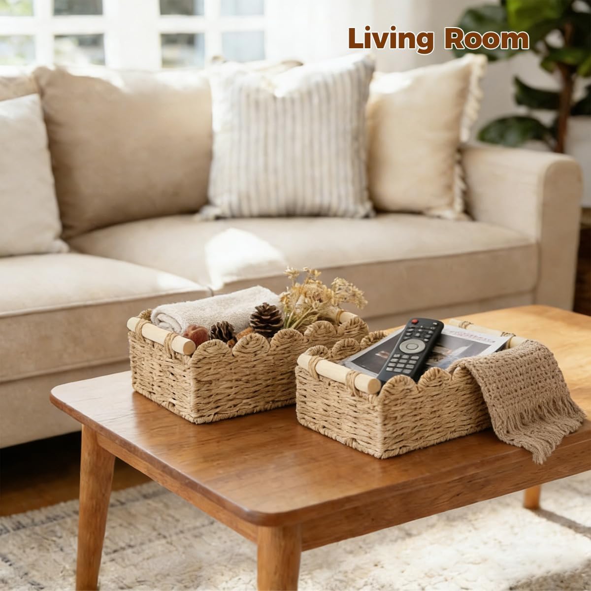 Paper Rope Scalloped Edge Toilet Paper Storage Basket - Small Living Room & Bedroom Decor with 2 Wooden Handles
