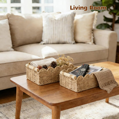 Paper Rope Scalloped Edge Toilet Paper Storage Basket - Small Living Room & Bedroom Decor with 2 Wooden Handles