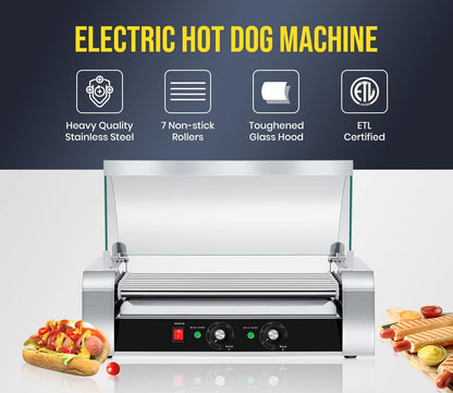 SYBO Hot Dog Roller - 18 Capacity, Non-Stick Stainless Steel, Detachable Glass Cover, 1000 Watts