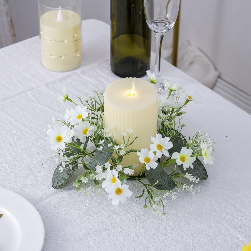Skiennix Candle Rings - Artificial Daisy Flower Wreaths with Green Leaves | 3-Inch Diameter, White