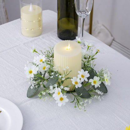 Skiennix Candle Rings - Artificial Daisy Flower Wreaths with Green Leaves | 3-Inch Diameter, White