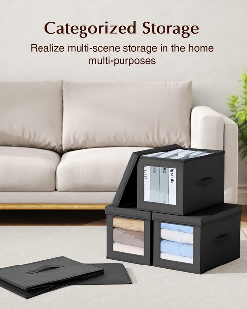 Homsorout Collapsible Storage Bins - Foldable 15-Inch Decorative Boxes with Lids & Side Window | 5-Pack, Black