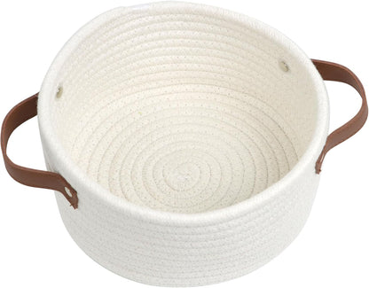 Skiennix Small Woven Basket - Cute Mini Cotton Rope Storage Bin with Leather Handle | Boho Nursery Organizer