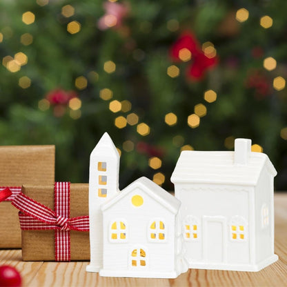 Regine Switzerland Christmas Village Houses - White Ceramic Set with Illumination & Remote Control | Rustic Holiday Decor for Tabletop Display