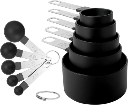 Skiennix 10-Piece Measuring Cups and Spoons Set - Stackable Kitchen Tools with Stainless Steel Handles | Black