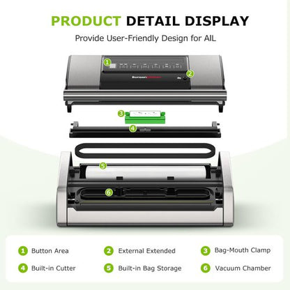 Bonsenkitchen Vacuum Sealer - Easy-Lock Handle Food Sealer with Built-in Cutter & Storage | Silver, Includes 1 Roll & 10 Bags
