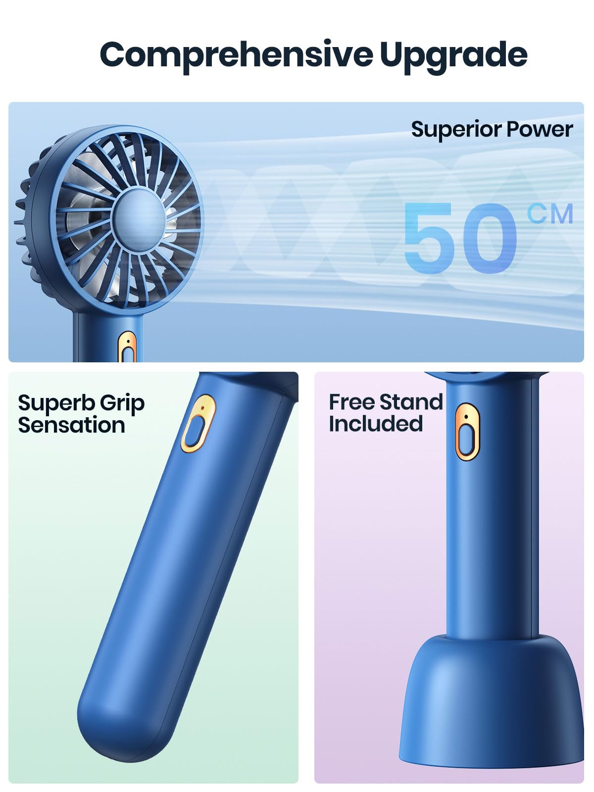 Warmco Mini Portable Fan 2-Pack - 3 Speed Rechargeable Handheld & Desk Fan with Base, Compact Cooling for Travel, Makeup, Summer Gift (Blue & Pink)