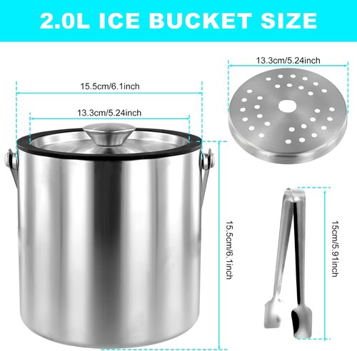 Ice Bucket with Lid Strainer Tong,2QT Double Walled Stainless Steel Insulated Ice Bucket Container,Good Sealing Ice Cube Bucket with Cover for Chilling Beer Cocktail Bar Parties