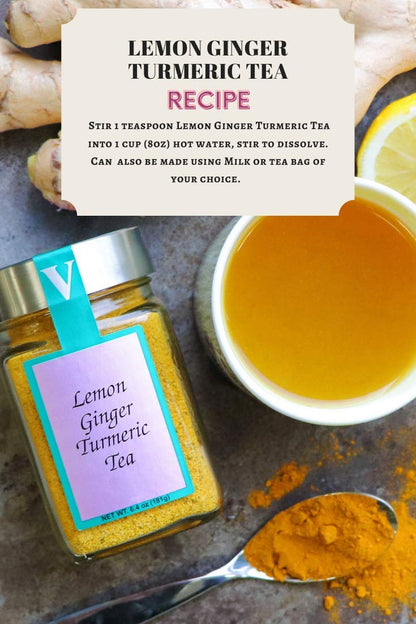 Lemon Ginger Turmeric Tea- Two 6.4 oz. Jars- with Black Pepper, Curcumin, Ginger & Natural Honey Crystals