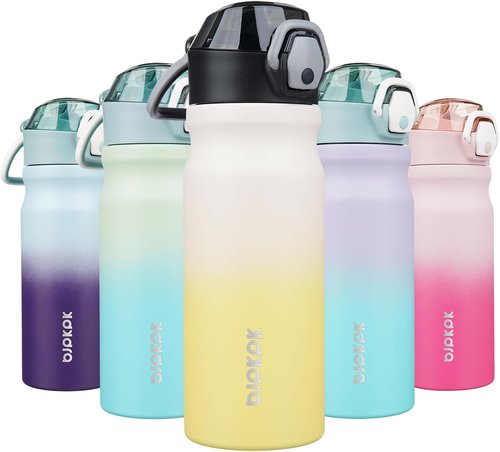 BJPKPK Insulated Water Bottle - 18oz Stainless Steel Flask with Straw & Carry Handle - Lemon Color