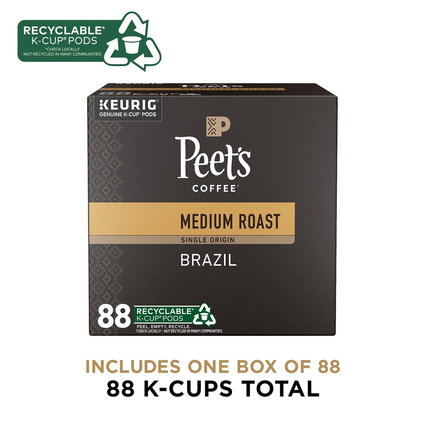 Peet's Coffee Medium Roast K-Cup Pods | 100% Arabica Single Origin Brazil - 88 Count (4 Boxes of 22 Pods)