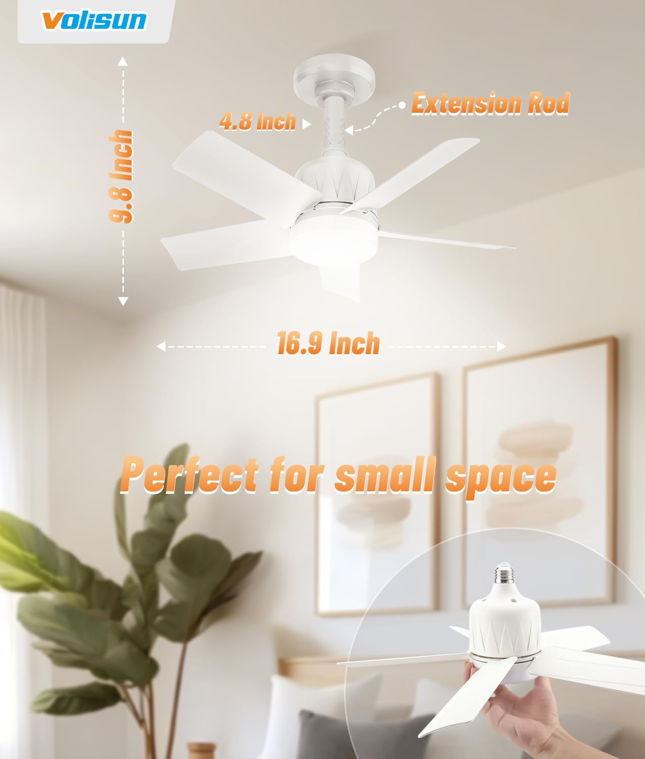 VOLISUN Socket Fan Light with Remote, Socket Ceiling Fan with Dimmable Led Light Bulb, 3CCT, 1500 Lumen Light Socket Fan, Screw in Small Ceiling Fan for Bedroom, Kitchen, Living Room, Garage(White)