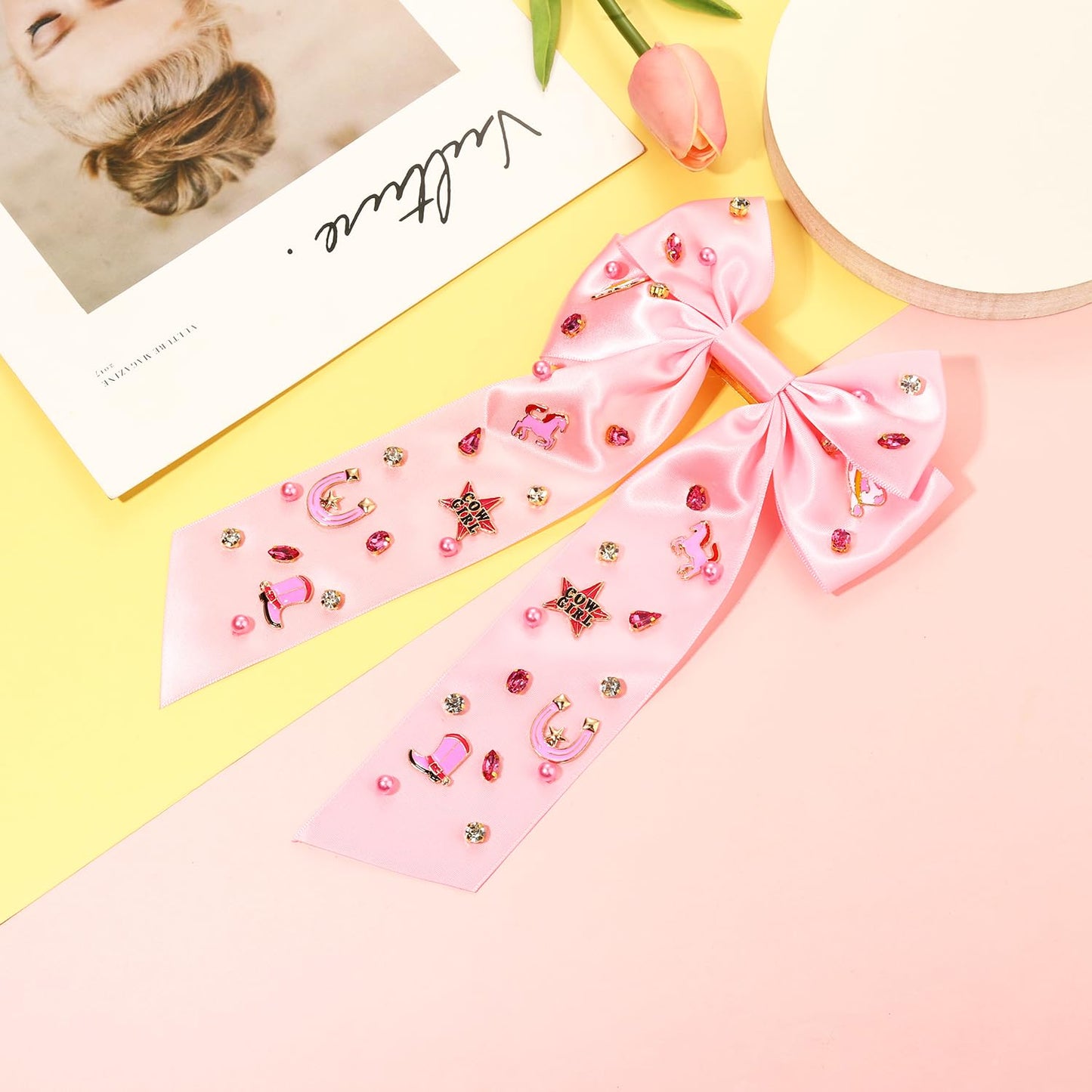 Skiennix Western Hair Bows - Jeweled Cowgirl Clips for Women | Big Pink Hair Accessories (Pattern D)