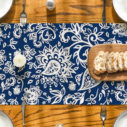 Blue Floral Paisley Table Runner - 13x72 Inch Seasonal Kitchen Decor